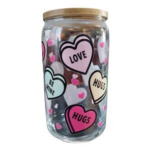 NEW Valentine's Hearts - Glass‎ Cup with Bamboo Lid & Glass Straw